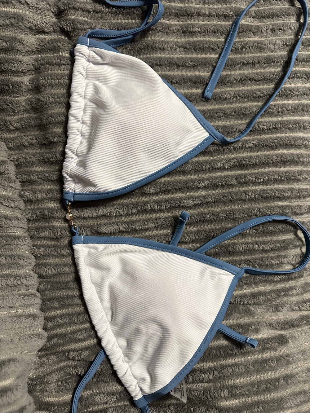 SHEIN White Triangle Bikini Top with Light Blue Trim